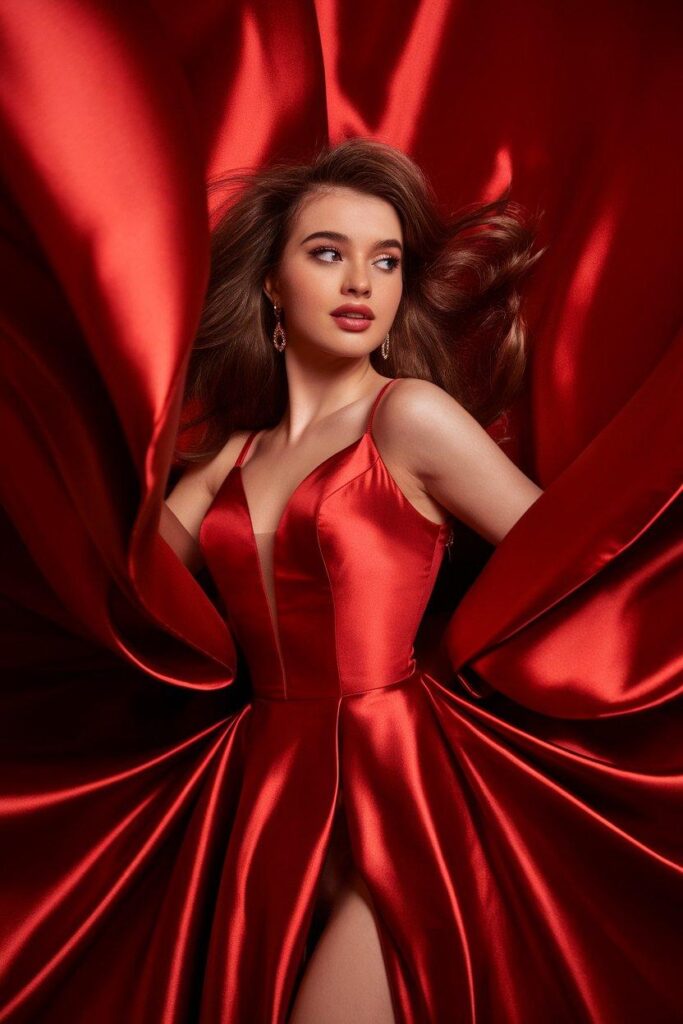 Luxurious red satin prom dress showing elegant sheen and drape