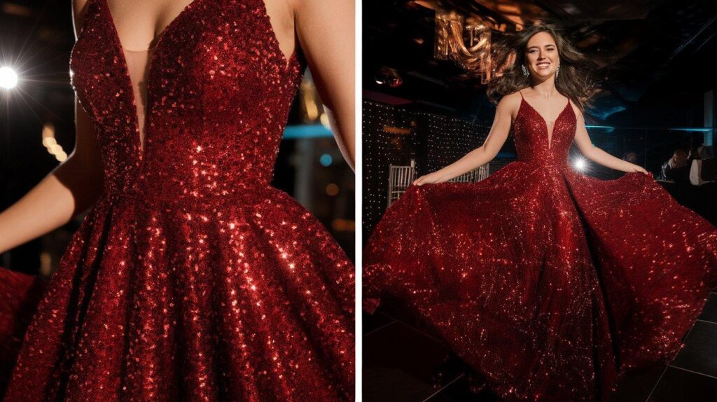 Sparkling red sequin prom dress catching light with shimmer effects