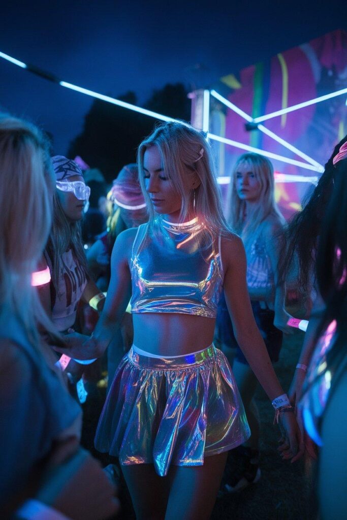 Raver in reflective outfit with neon lights at a fall music festival