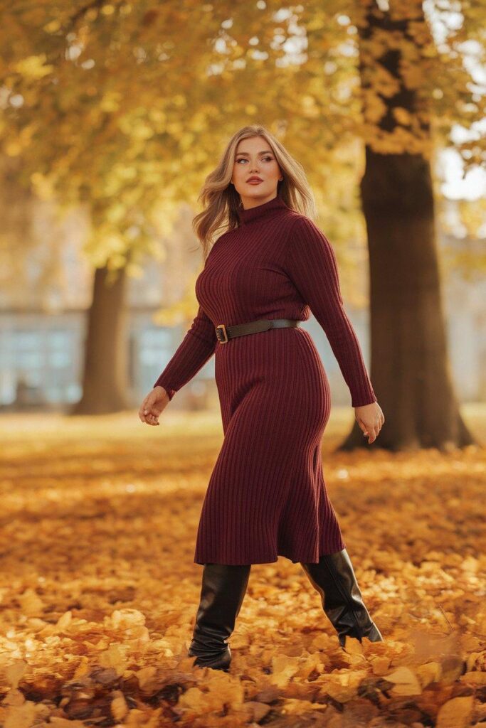Plus size woman in ribbed midi dress and knee-high boots in fall park