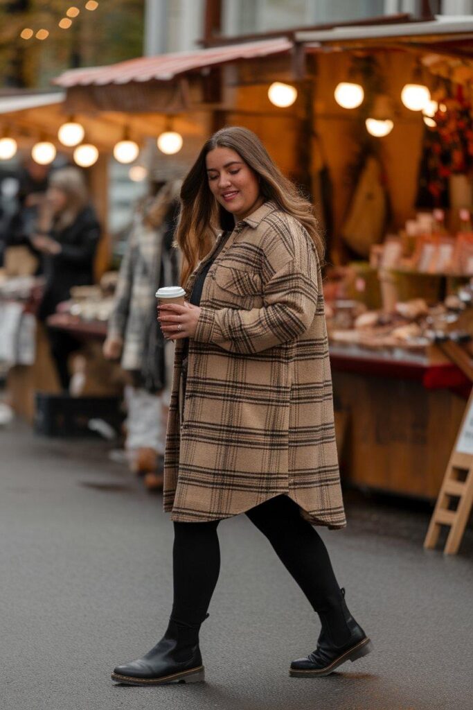 Plus size woman in plaid shacket and leggings with Chelsea boots