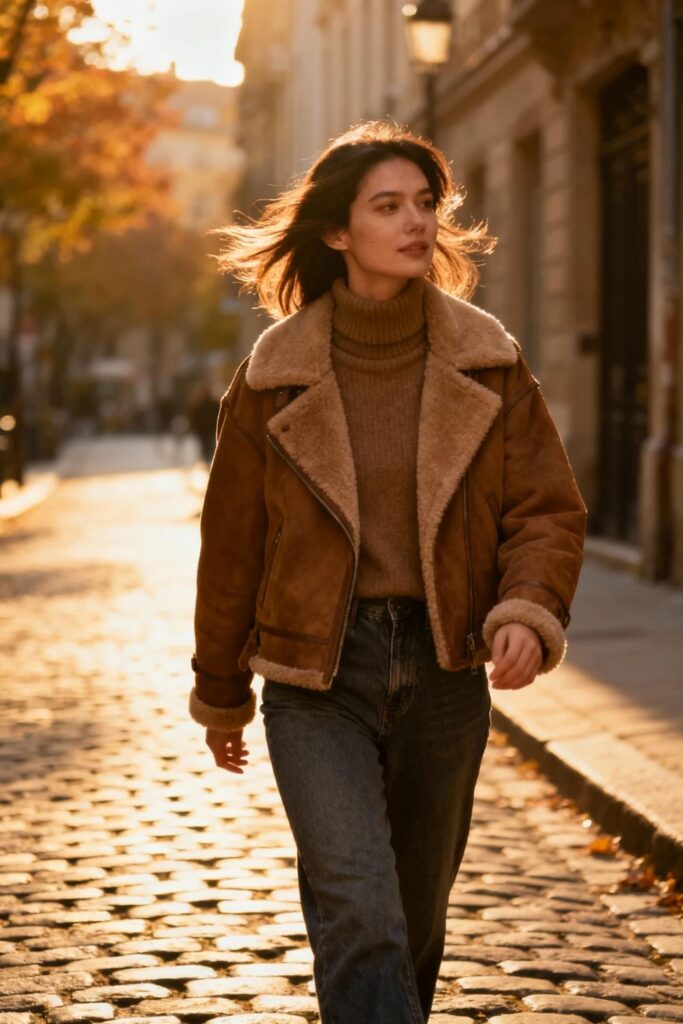Woman in brown shearling jacket walking on autumn street with warm lighting.