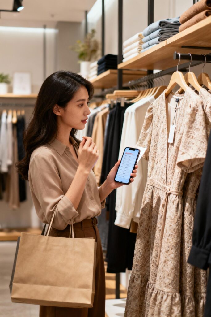 Woman thoughtfully shopping in boutique holding dress and checking her list on phone