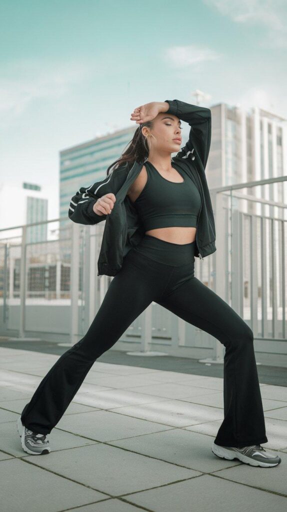 Sporty Spice inspired outfit with flare leggings and track jacket