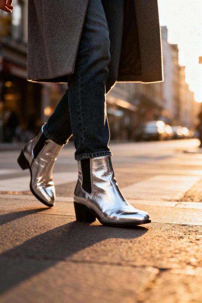 Close-up of metallic ankle boots styled with jeans and coat for fall street look