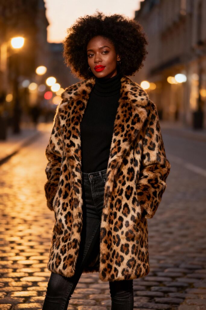 Black woman in leopard-print statement coat posing on city street