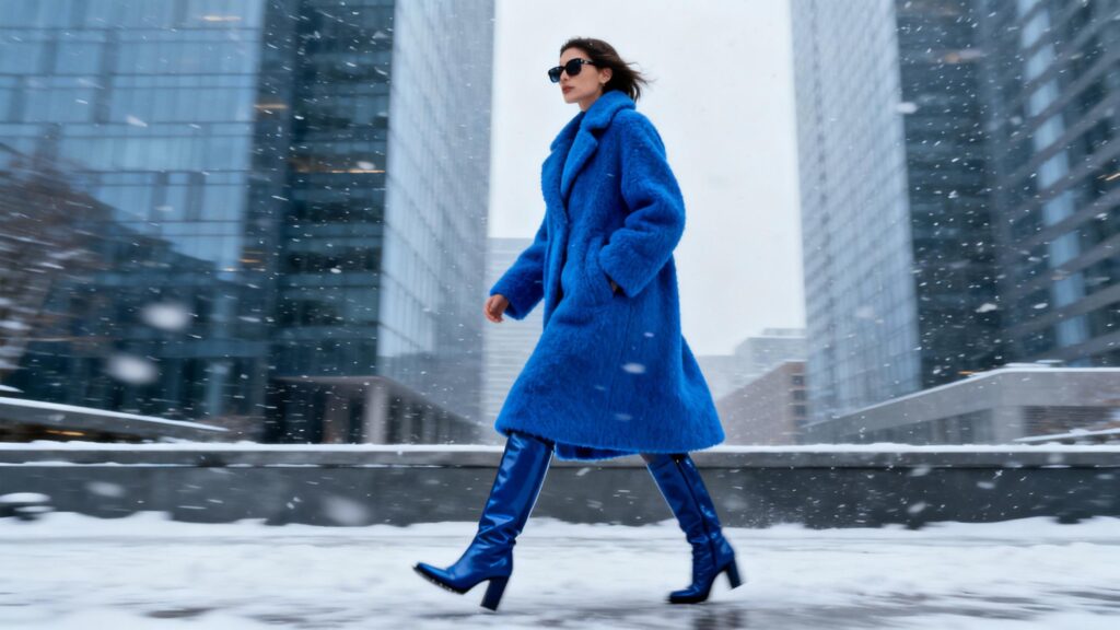Woman wearing bold electric blue wool coat walking across snowy city crosswalk