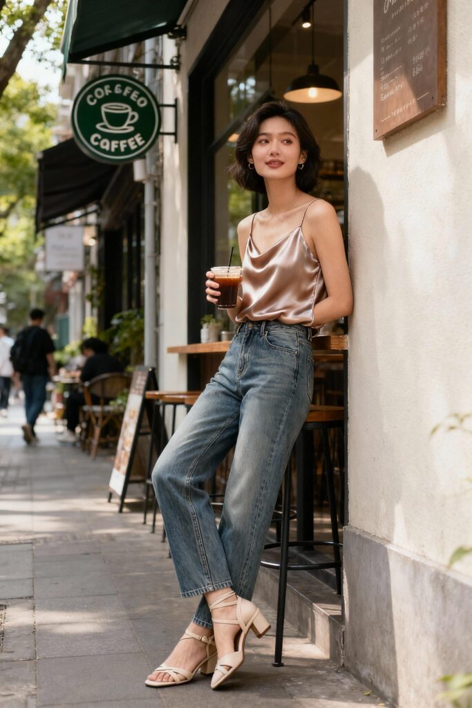 Woman wearing straight-leg jeans with nude strappy heels