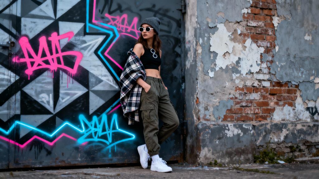 Woman in streetwear cargo pants and flannel posing near graffiti wall