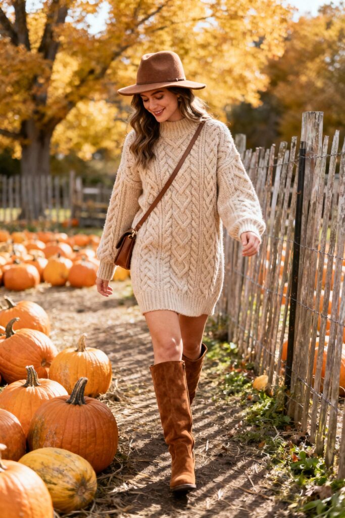 Woman in beige sweater dress and knee-high boots walking in pumpkin patch