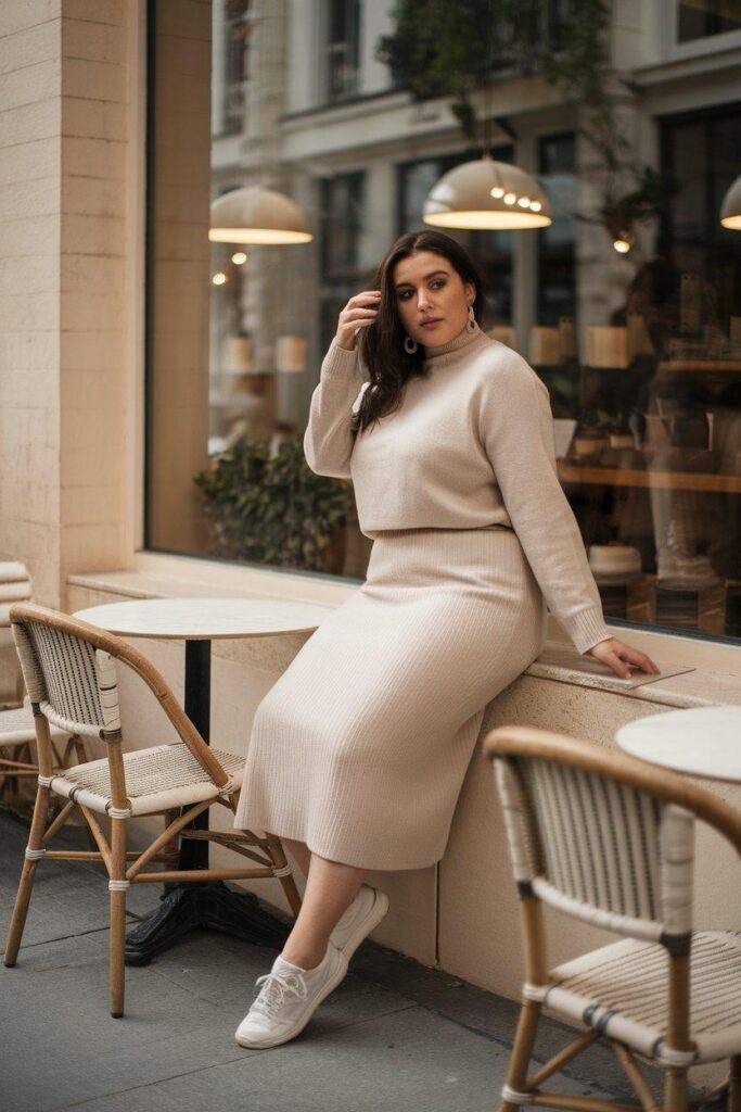 Plus size woman wearing knit sweater skirt set in neutral fall tones