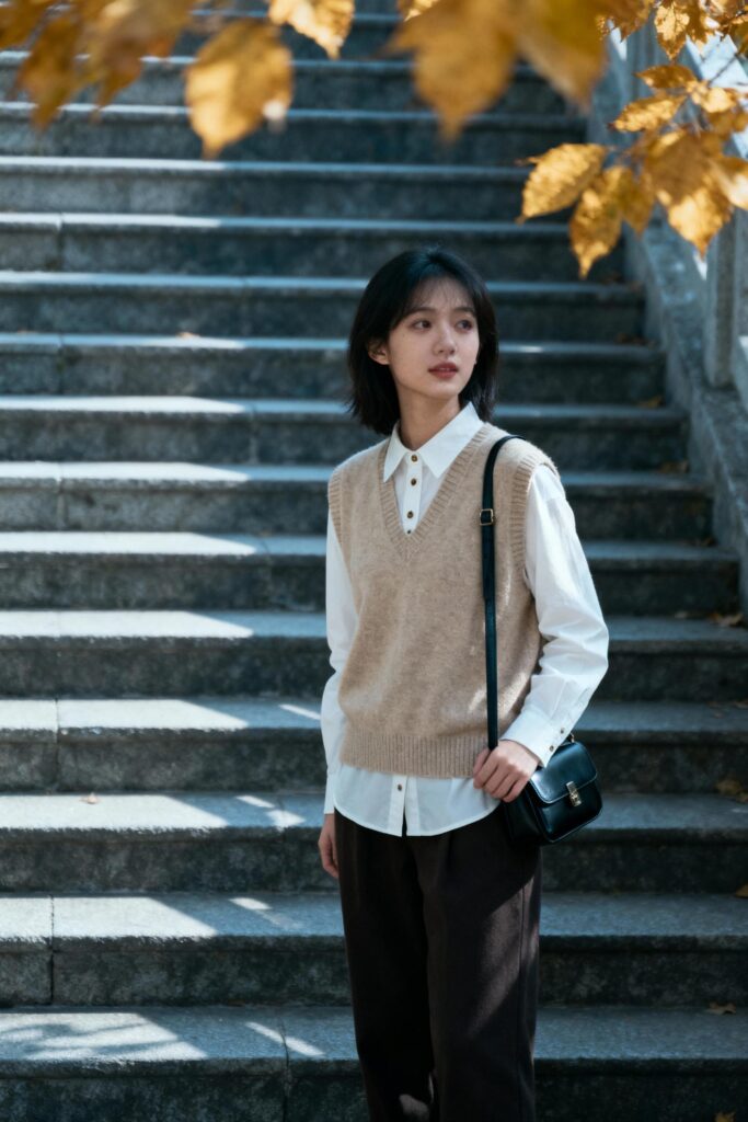 Woman in beige sweater vest layered over white shirt for fall street outfit