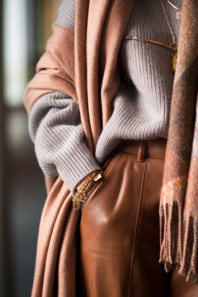 Close-up of fall outfit with mixed textures in beige and brown tones, cozy neutrals