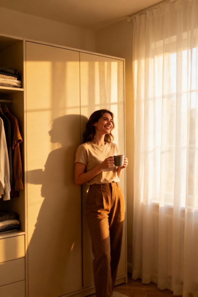 Woman smiling confidently in front of her tidy wardrobe holding a coffee mug