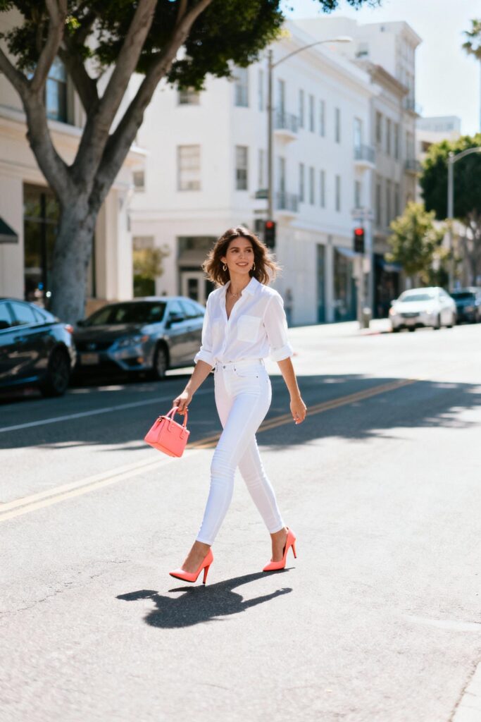 Woman wearing white jeans with bright coral high heels