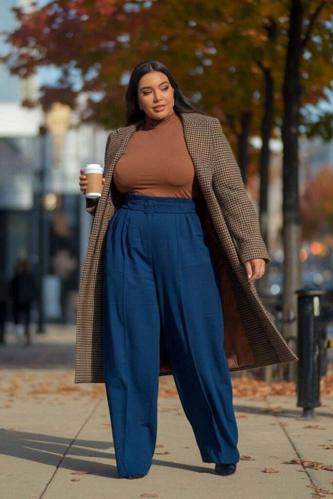 Plus size woman in wide-leg trousers and turtleneck for fall