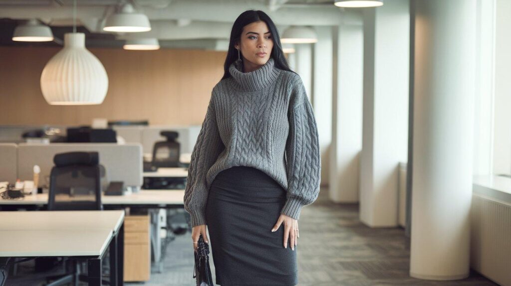 Chunky Knit Sweater with Pencil Skirt Office Outfit for Fall