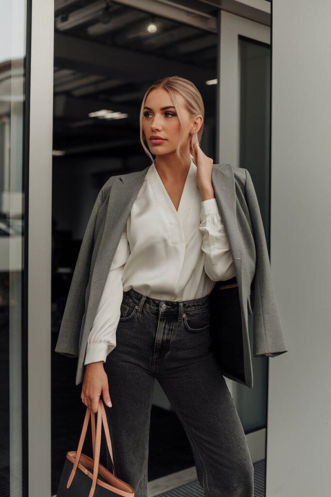 Dark-Wash Jeans with Blazer and Satin Blouse Fall Office Outfit
