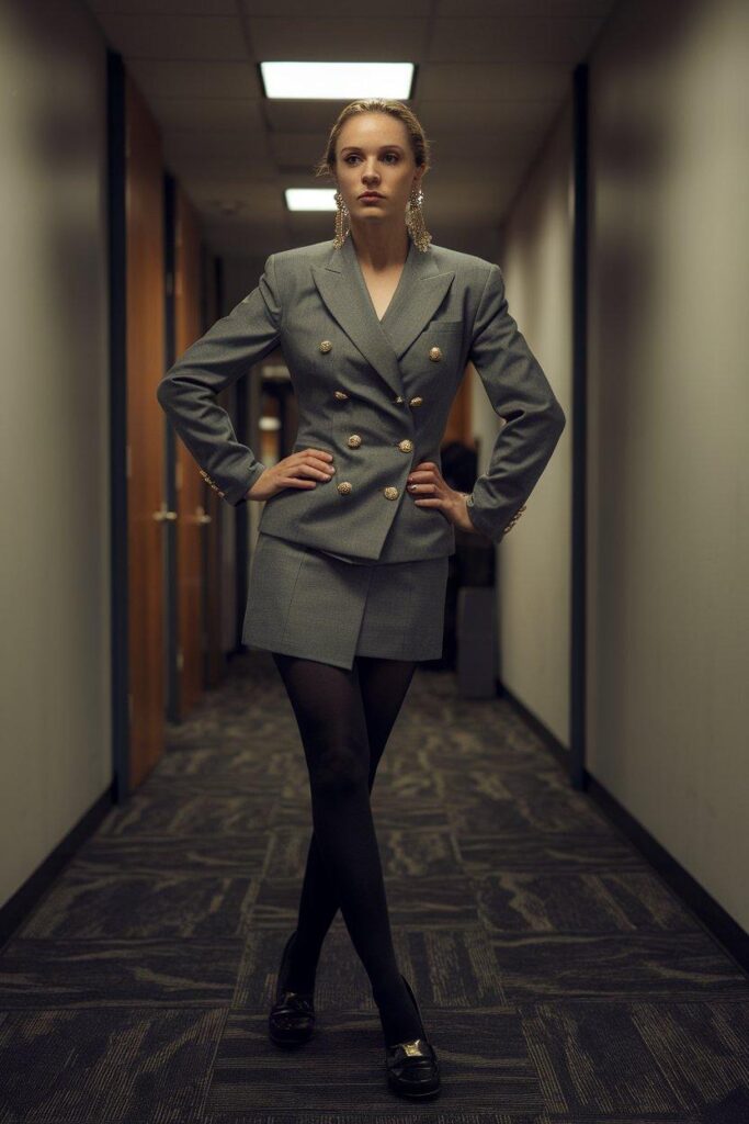 Gray Blazer Dress with Black Tights and Heeled Loafers Office Outfit