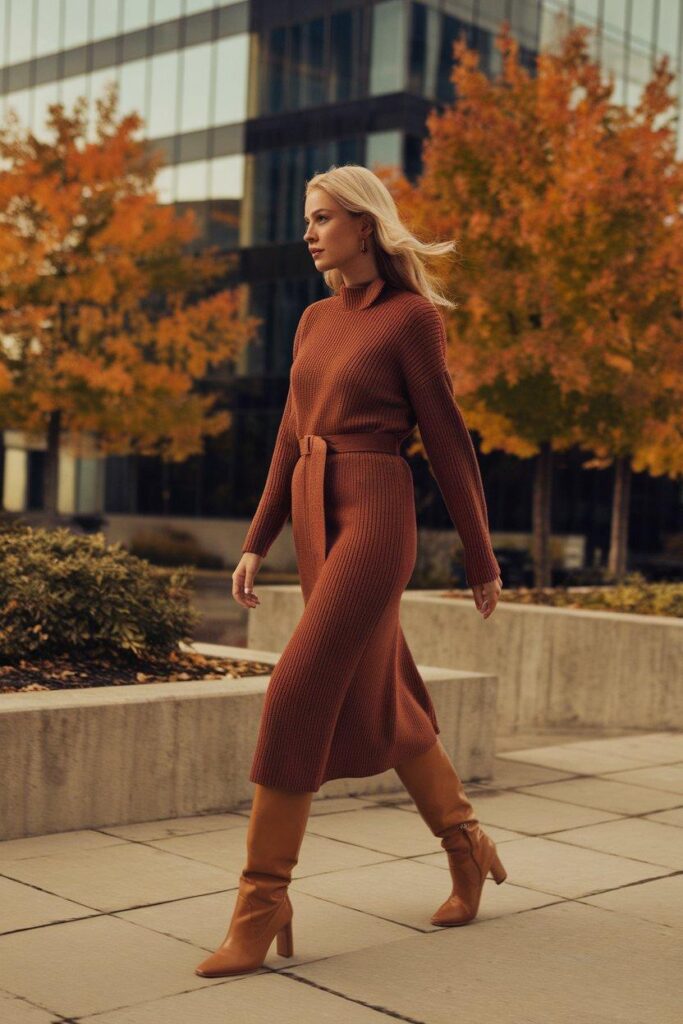 Rust Midi Sweater Dress with Knee-High Leather Boots for Fall Office Look
