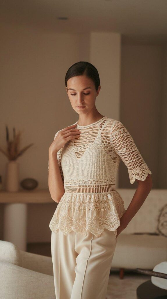 Elegant woman wearing cream lace crochet top in minimalist modern living room
