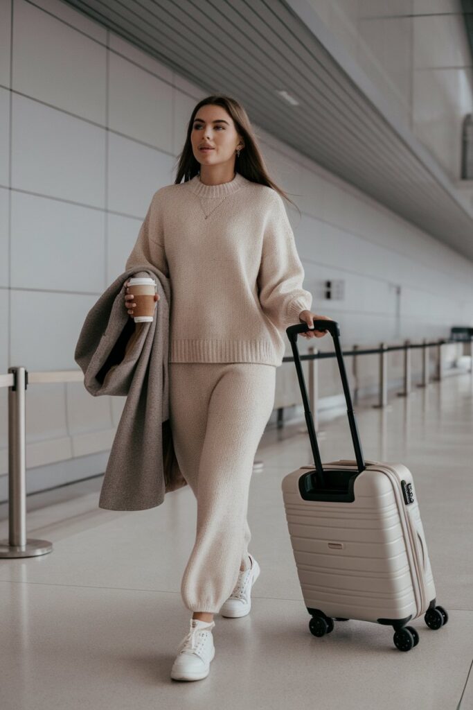 Woman in beige knit matching set winter airport style