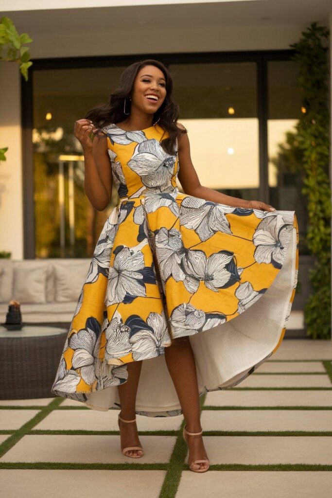 Smiling woman wearing bright Ankara high-low dress outdoors