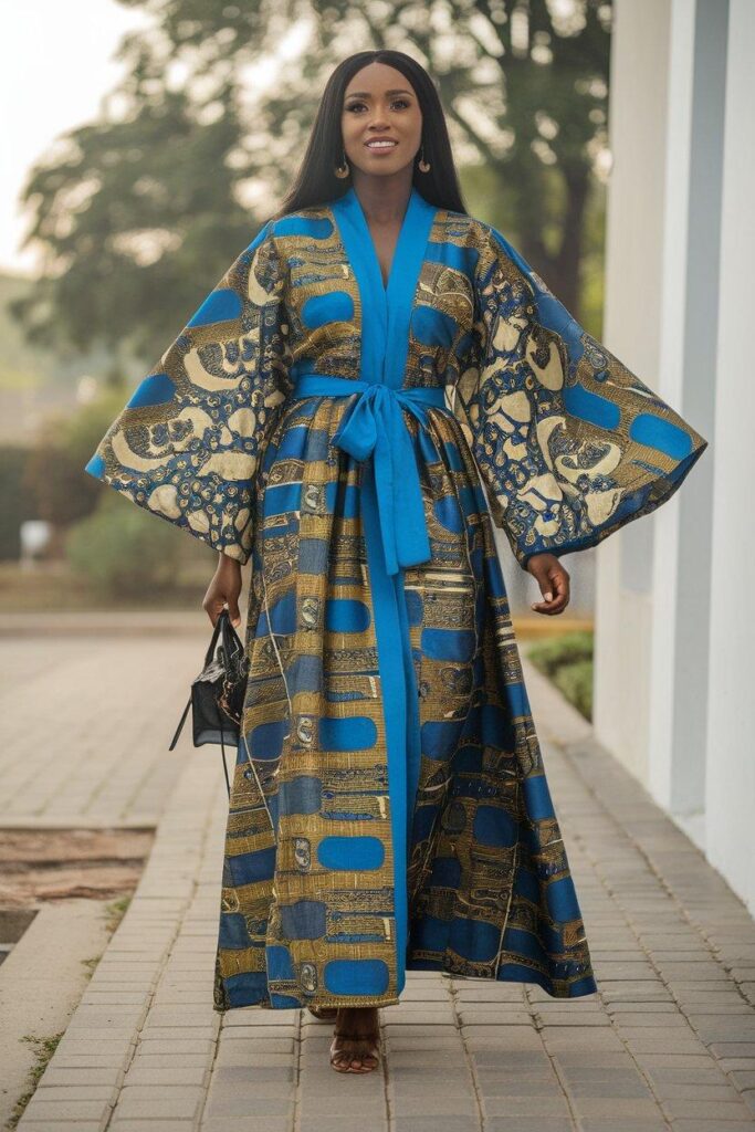 Stylish woman walking in long blue Ankara kimono dress with belt