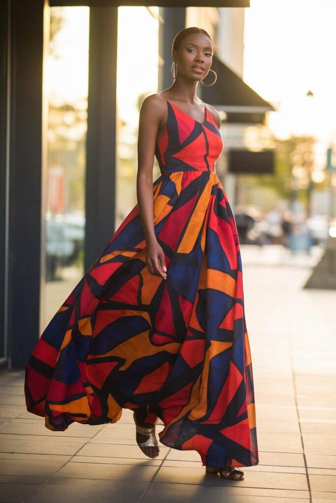African woman walking in vibrant Ankara maxi dress under warm sunlight