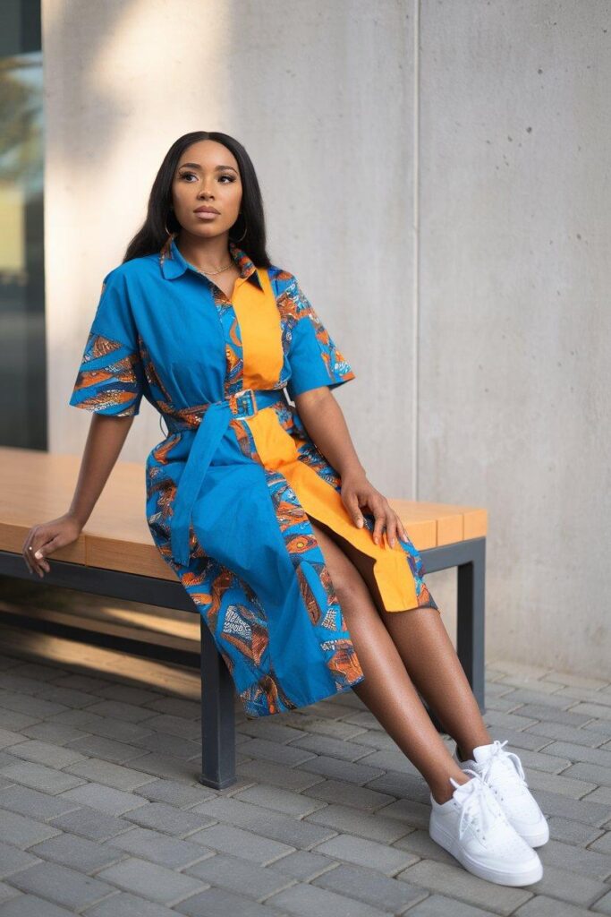 Woman sitting in colorful Ankara shirt dress with belt and sneakers