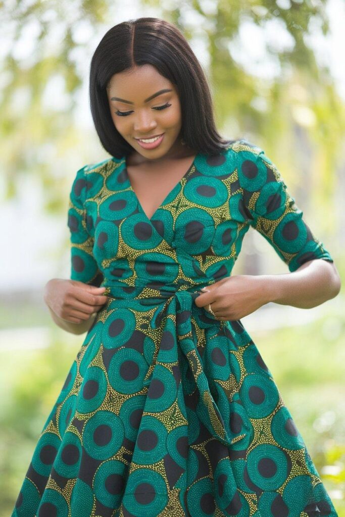 African woman adjusting waist tie of Ankara wrap dress in sunlight