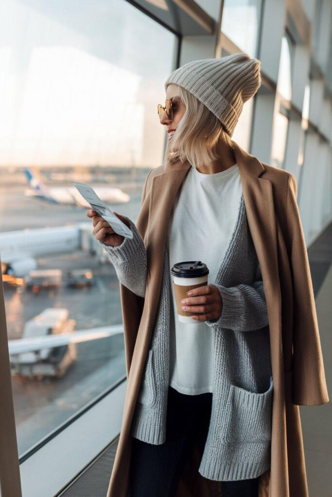 Woman in camel coat and cardigan layered winter airport outfit
