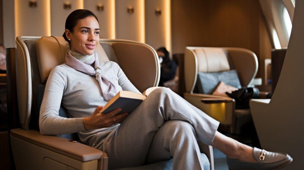 Woman in gray cashmere sweater lounging at airport gate