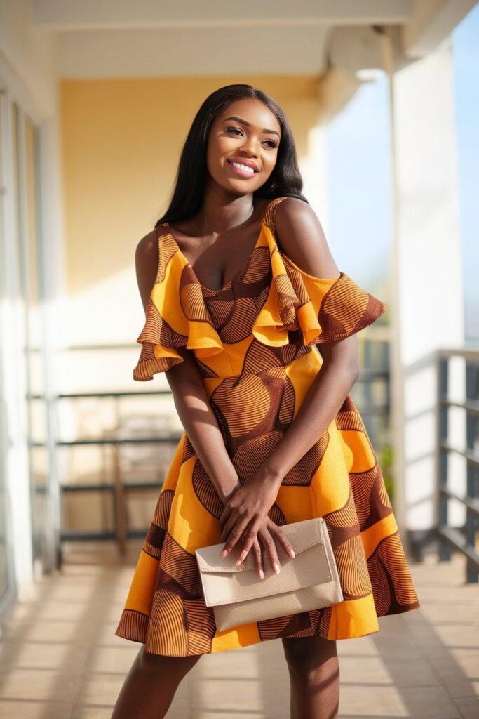 Smiling woman wearing orange cold-shoulder Ankara dress outdoors