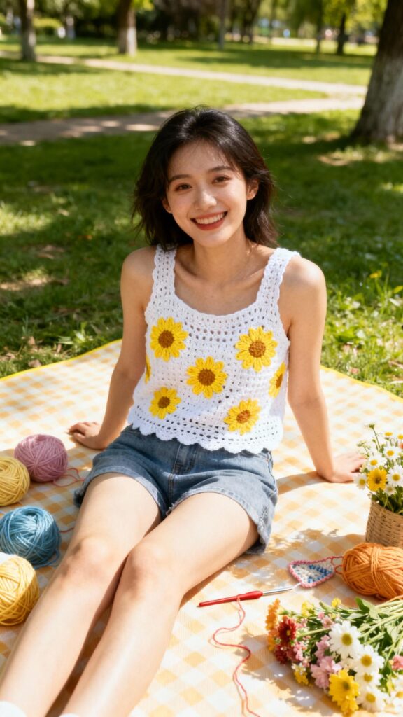 Woman wearing handmade crochet daisy motif tank top sitting on picnic blanket.