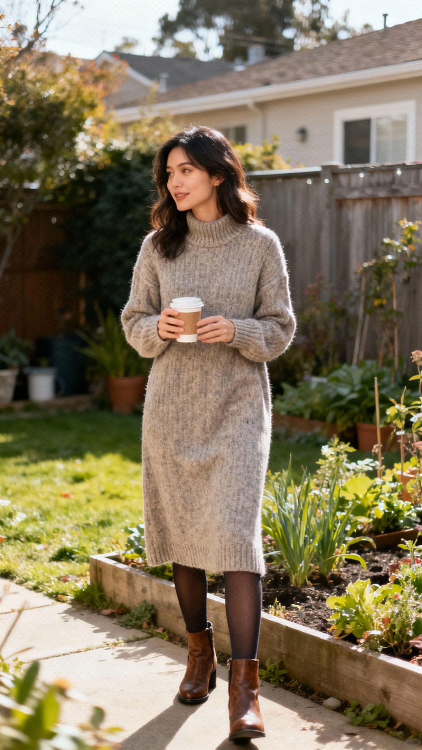 A woman wearing a cozy knit sweater dress with long sleeves and a midi length, layered with opaque tights and ankle boots, holding coffee near a backyard garden, relaxed and warm vibe, casual iPhone photo style, natural daylight, outdoor setting.