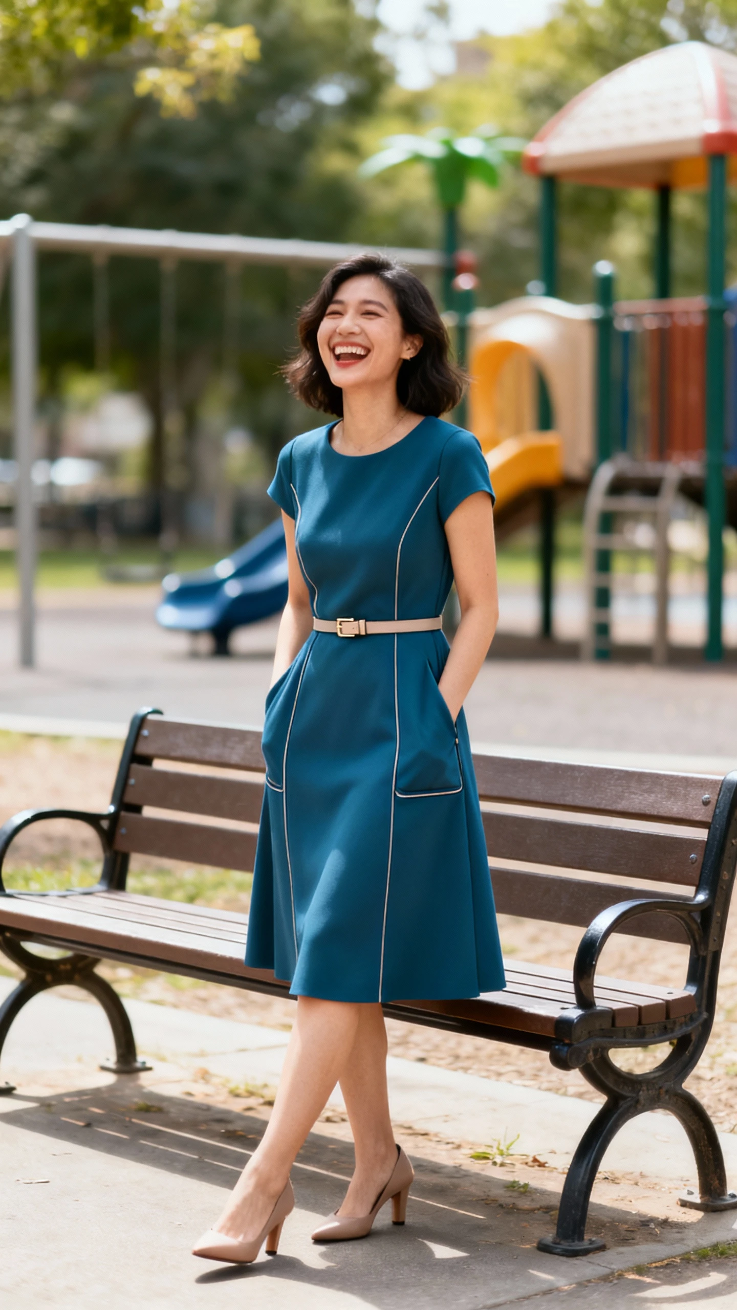 A woman wearing a fit-and-flare dress with modern details—subtle seam lines, side pockets, and a modest scoop neckline—paired with low heels and a slim belt, laughing by a playground bench, casual iPhone photo style, natural daylight, outdoor setting.