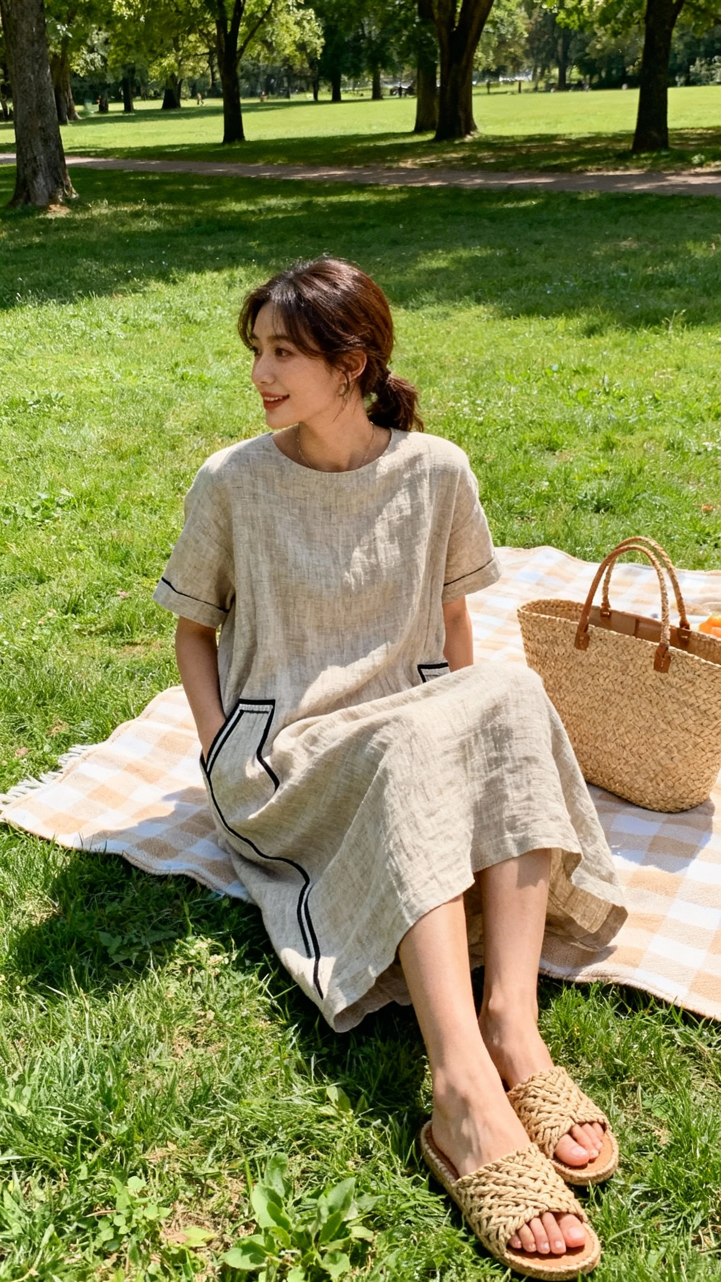 A woman wearing a linen midi dress with an easy drape, short sleeves, and side pockets, styled with woven slides and a straw tote, sitting on a picnic blanket in a grassy park, casual iPhone photo style, sunny day, outdoor setting.