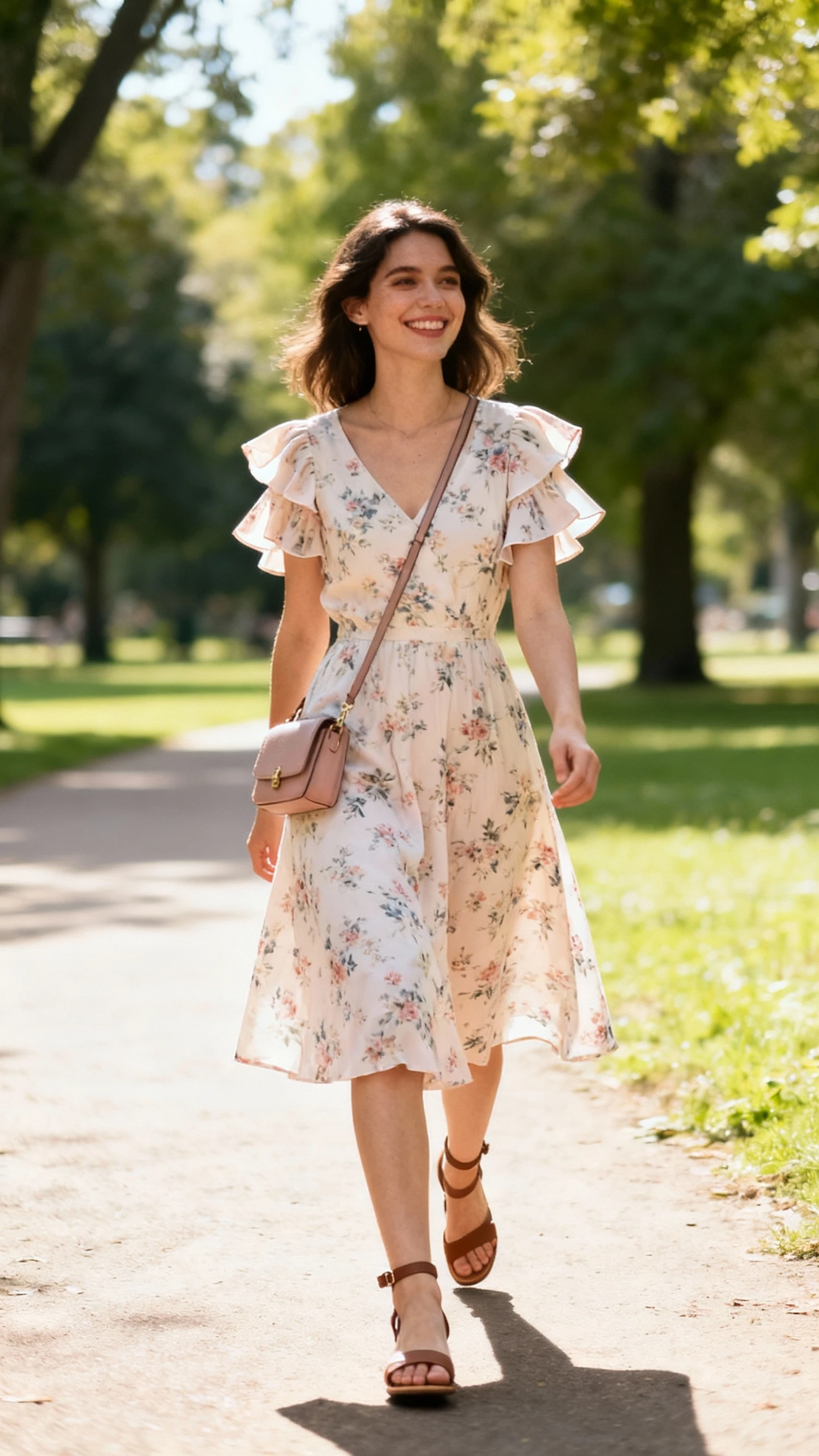 A woman wearing a soft floral midi dress with flutter sleeves and a gentle A-line shape, paired with simple ankle-strap sandals and a small crossbody bag, smiling while strolling through a sunny park path, casual iPhone photo style, natural daylight, outdoor setting.
