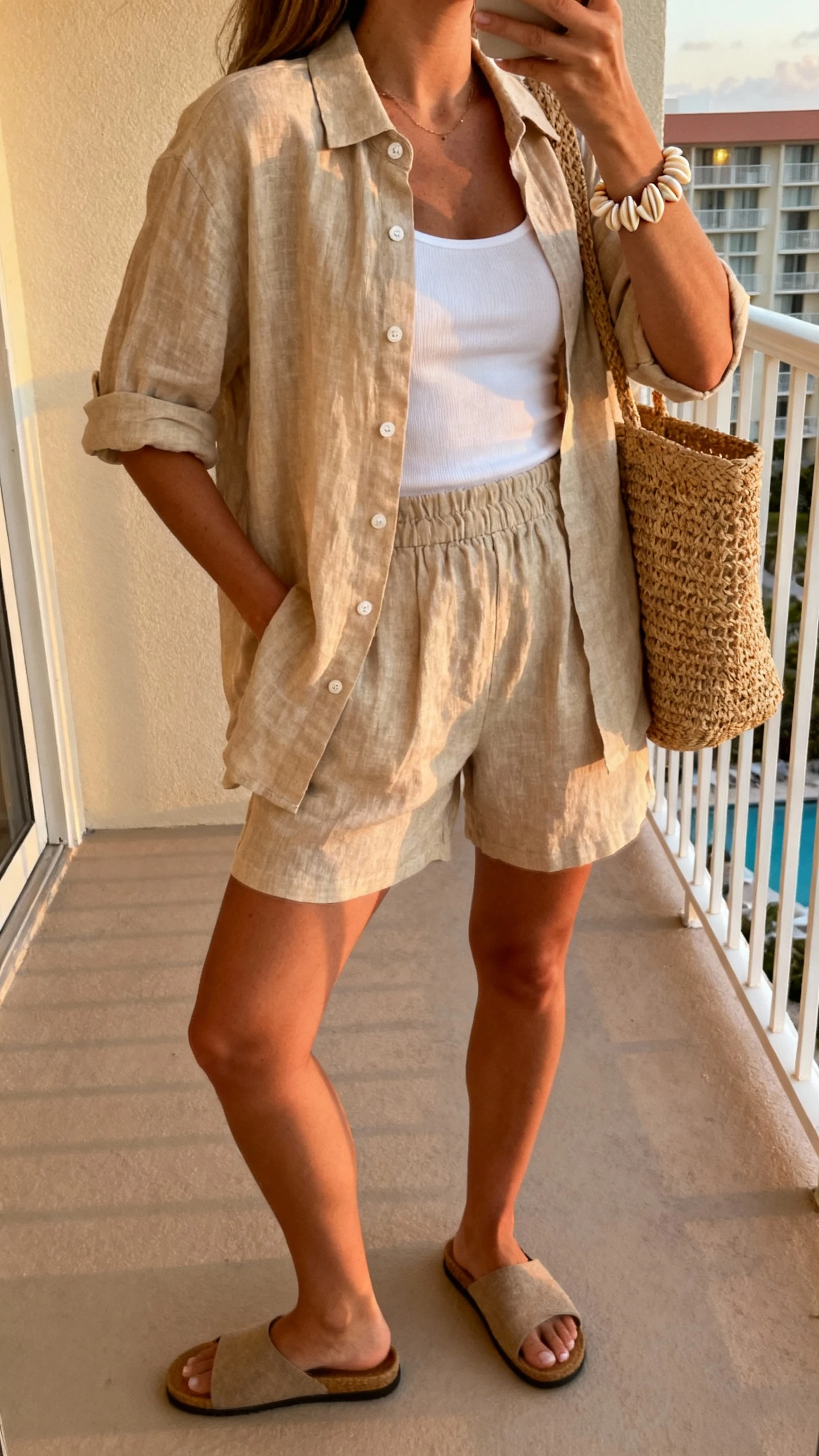 iPhone back-view selfie of a woman in a beige linen button-up worn open over a white tank with matching linen pull-on shorts, straw tote, flat slides, and shell bracelet; face not visible, hotel balcony with late-afternoon light, natural iPhone quality.