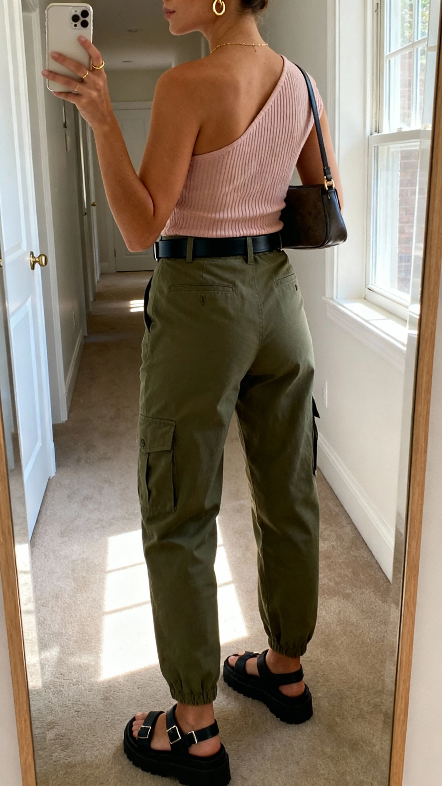 iPhone back-view selfie of a woman wearing cargo cool with a feminine twist: olive cargo pants, soft blush one-shoulder ribbed top, black belt, chunky black sandals, small shoulder bag, delicate gold hoops, face not visible, apartment hallway mirror, afternoon window light, casual iPhone shot.