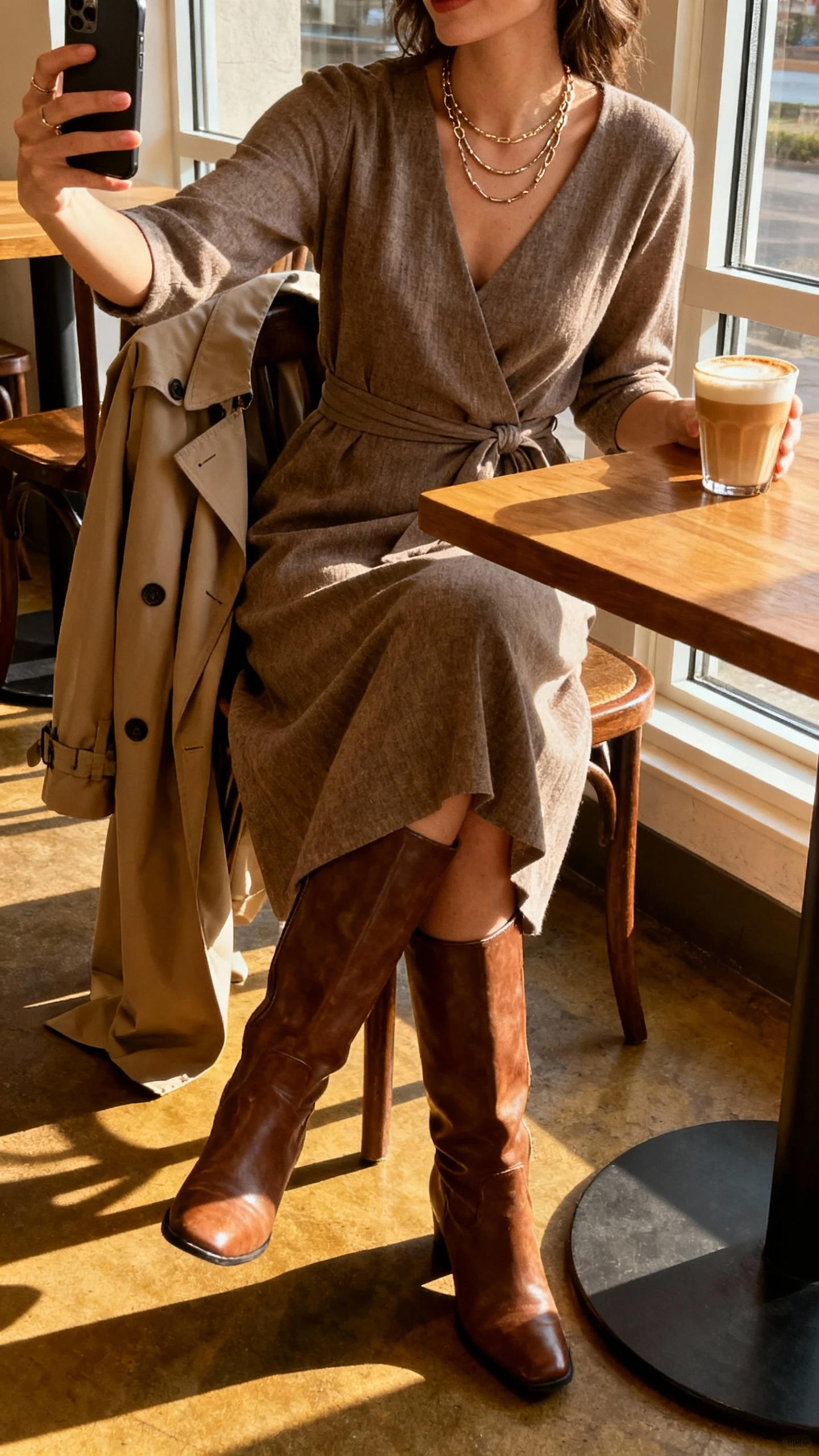 iPhone cafe table selfie of a woman in a midi wrap dress with knee-high boots, layered necklace, trench draped on chair, latte beside; face not visible, side angle, warm afternoon window light, natural iPhone aesthetic.