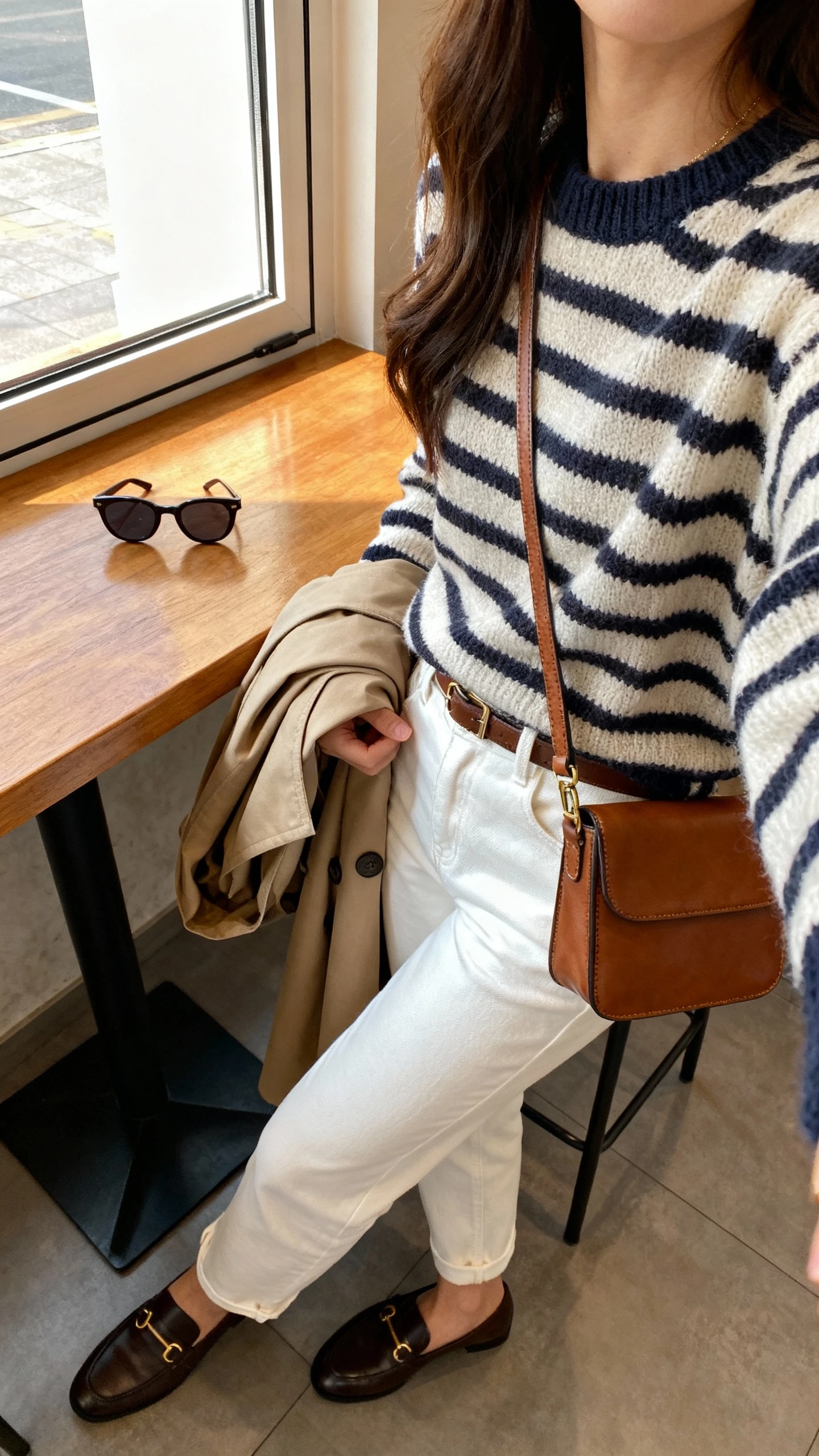 iPhone cafe table selfie, side angle, of a woman in white jeans and a striped knit sweater, loafers, trench draped over arm, structured leather crossbody, sunglasses on table; face not visible, morning window light, natural iPhone photo quality.