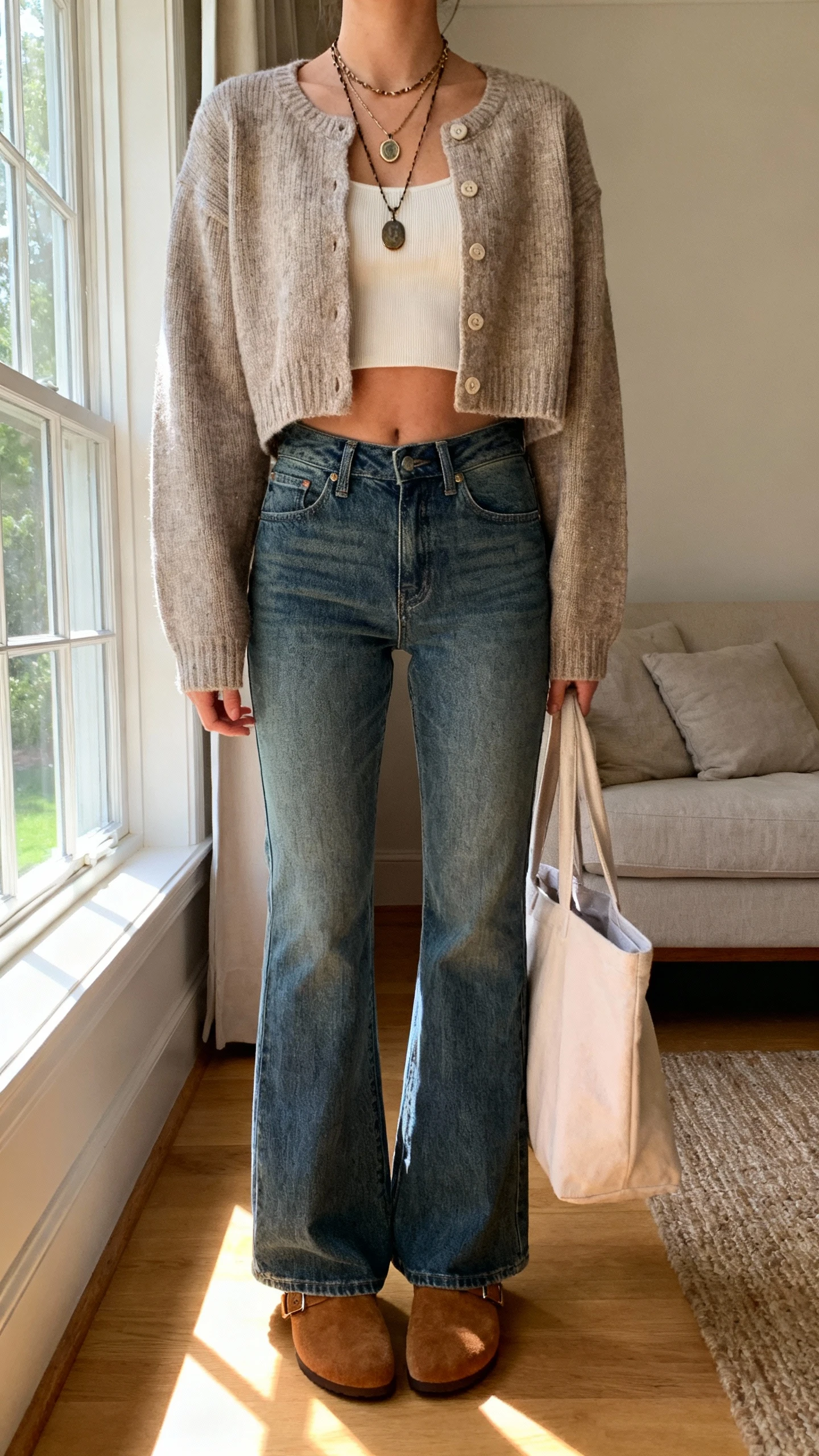 iPhone couch selfie cropped at neck of a woman in a cropped cardigan and high-rise flare jeans, suede clogs, layered pendant necklaces, soft tote on side; living room with afternoon window light, face not visible, natural iPhone aesthetic.
