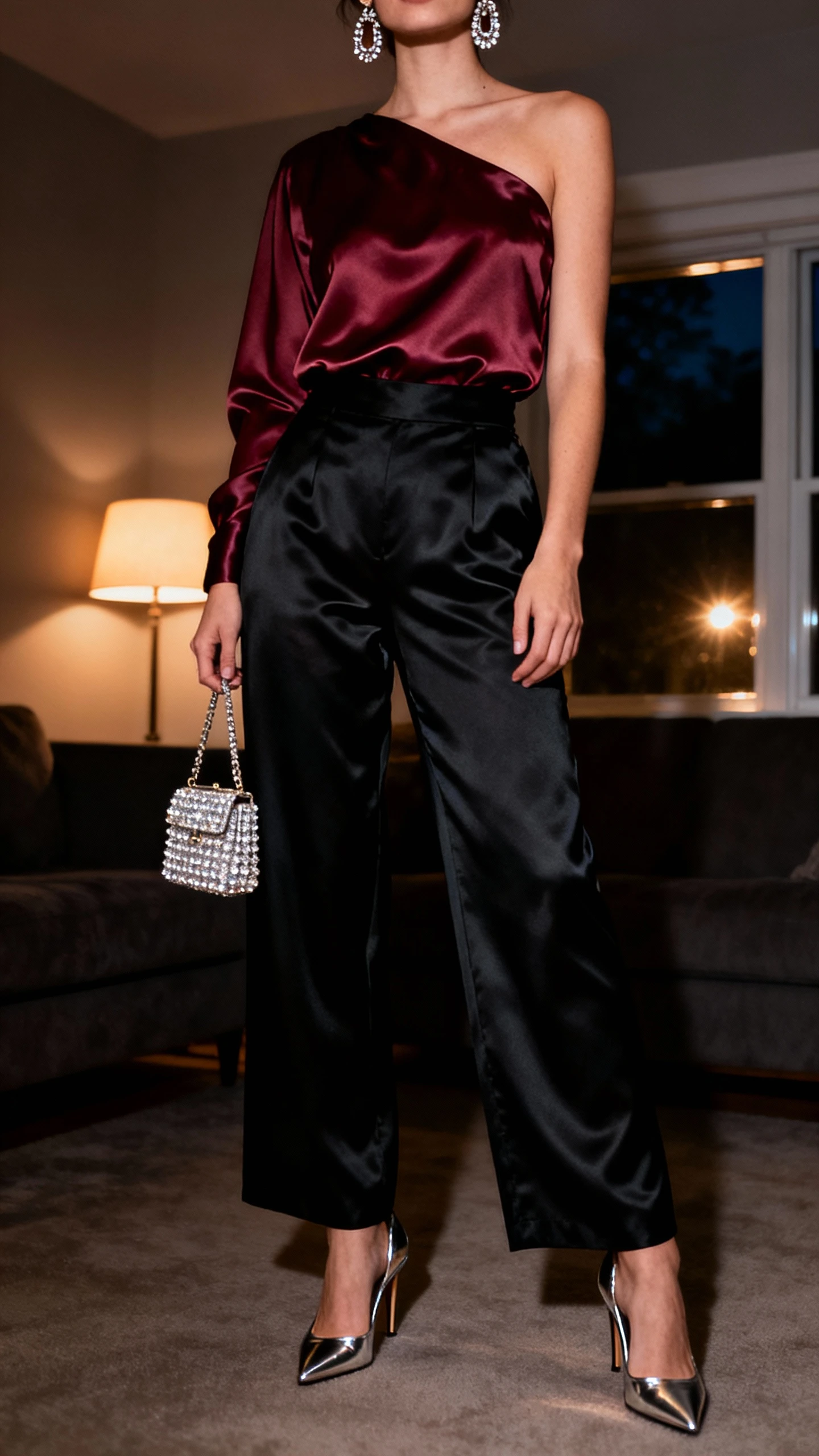 iPhone lounge mirror selfie of a woman in after-dark shine: satin one-shoulder top in deep burgundy, black satin wide-leg trousers, metallic heels, crystal mini bag, statement earrings, face not visible, cropped at neck, dim living room with lamp and window glow, natural iPhone low-light feel.