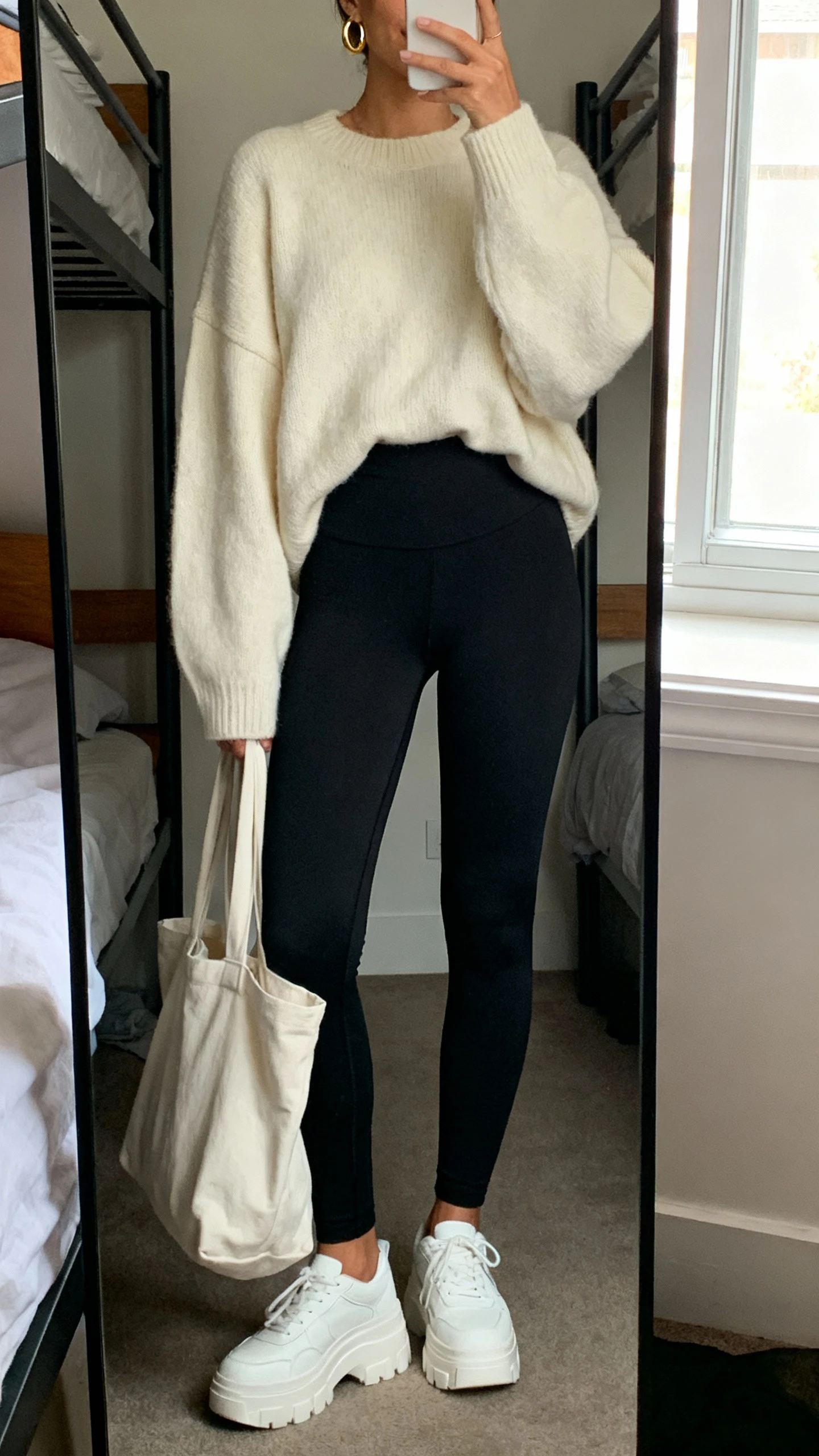 iPhone mirror selfie of a woman wearing a cozy oversized cream sweater, high-waisted black leggings, chunky white sneakers, slouchy tote bag, simple gold hoops, face not visible, cropped at neck, dorm bedroom mirror with natural window light, natural iPhone photo quality.