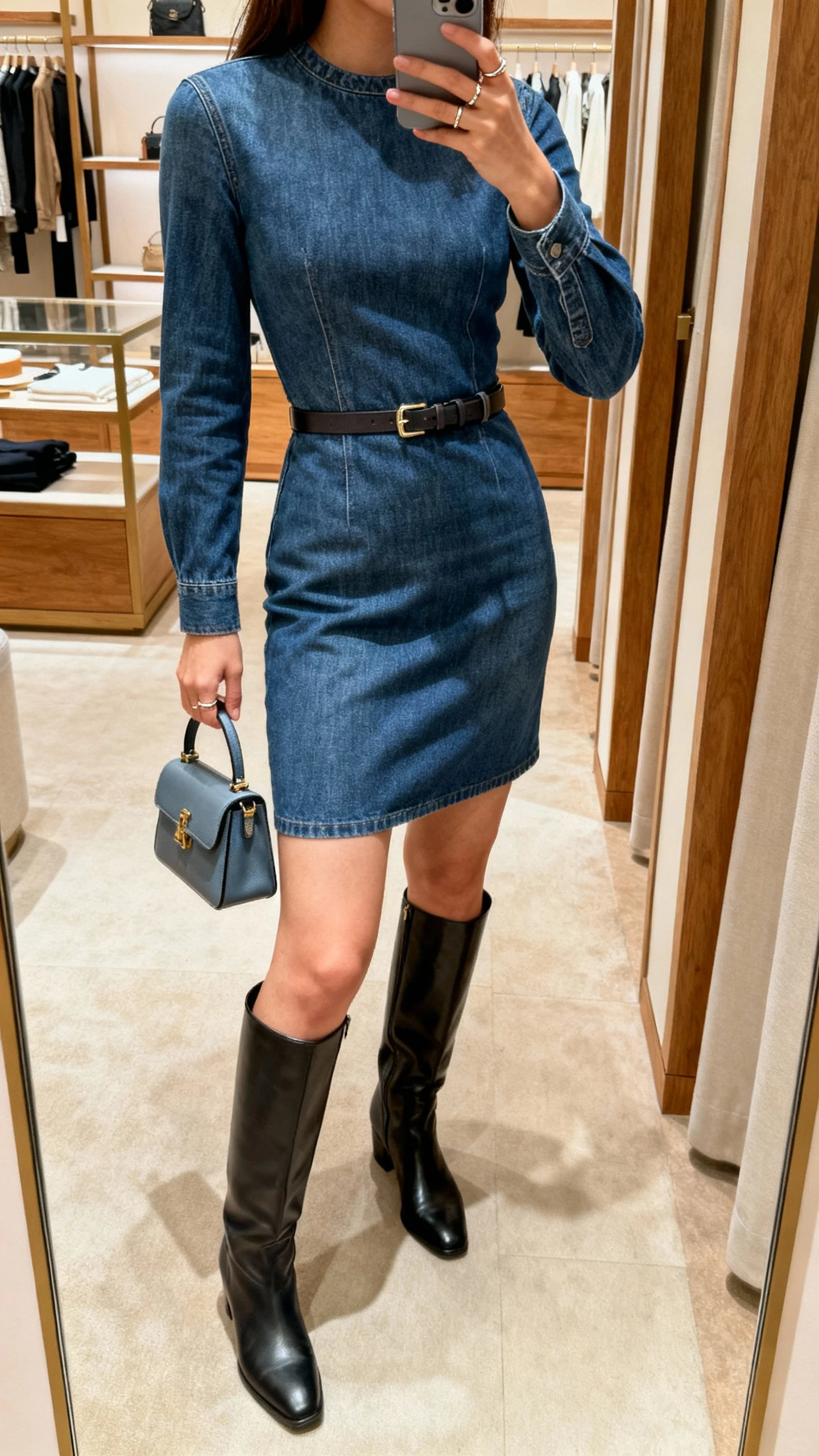 iPhone mirror selfie of a woman wearing a fitted denim dress with tall knee-high boots, slim belt at the waist, small top-handle bag, subtle rings; boutique dressing-room mirror, cropped at neck, face not visible, warm indoor lighting, iPhone photo quality.