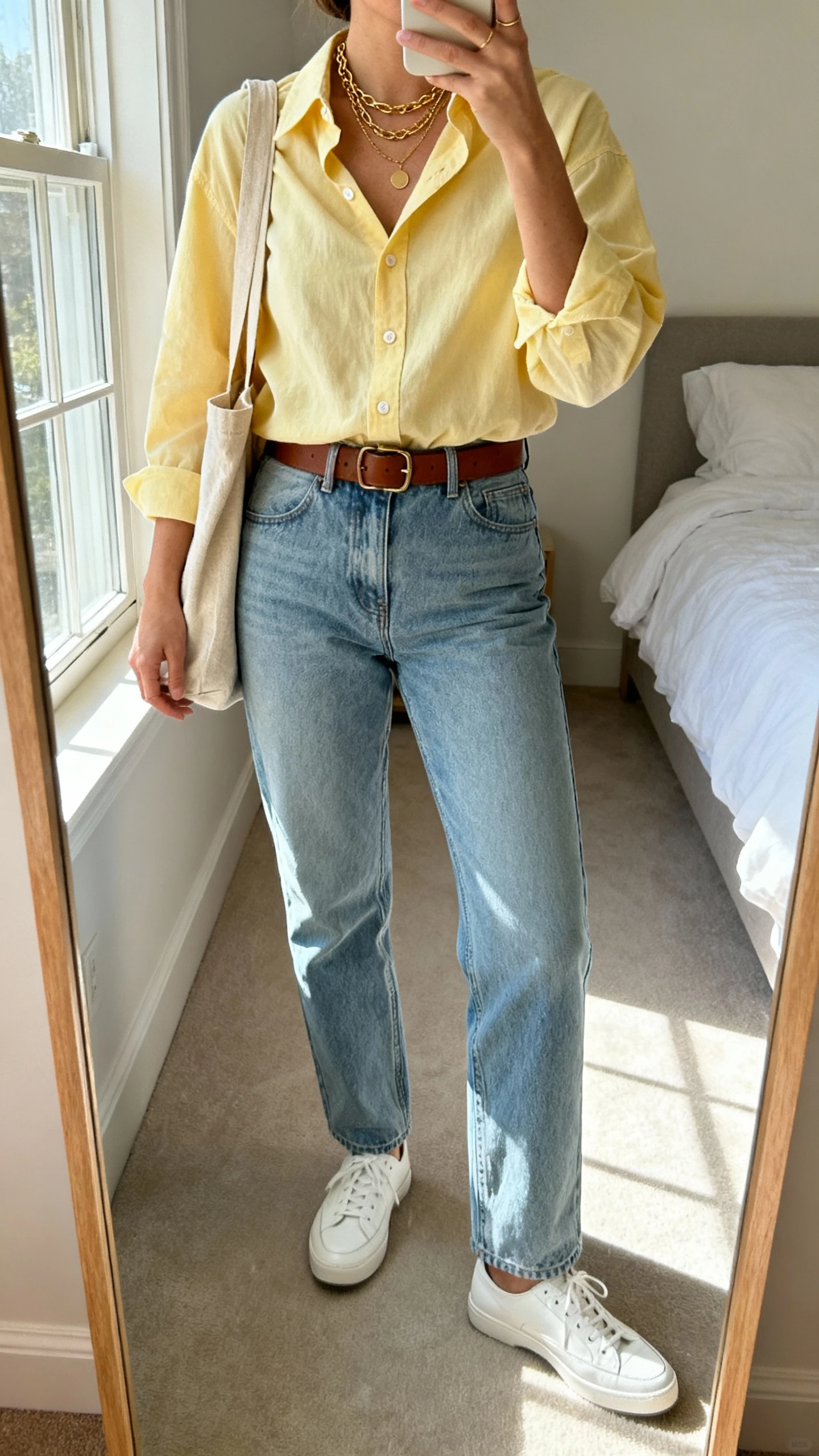 iPhone mirror selfie of a woman wearing a relaxed butter yellow button-down shirt tucked into straight-leg light-wash blue jeans, white leather sneakers, brown leather belt, layered gold necklaces, canvas tote on shoulder, face not visible, bedroom mirror with window light, casual iPhone quality.