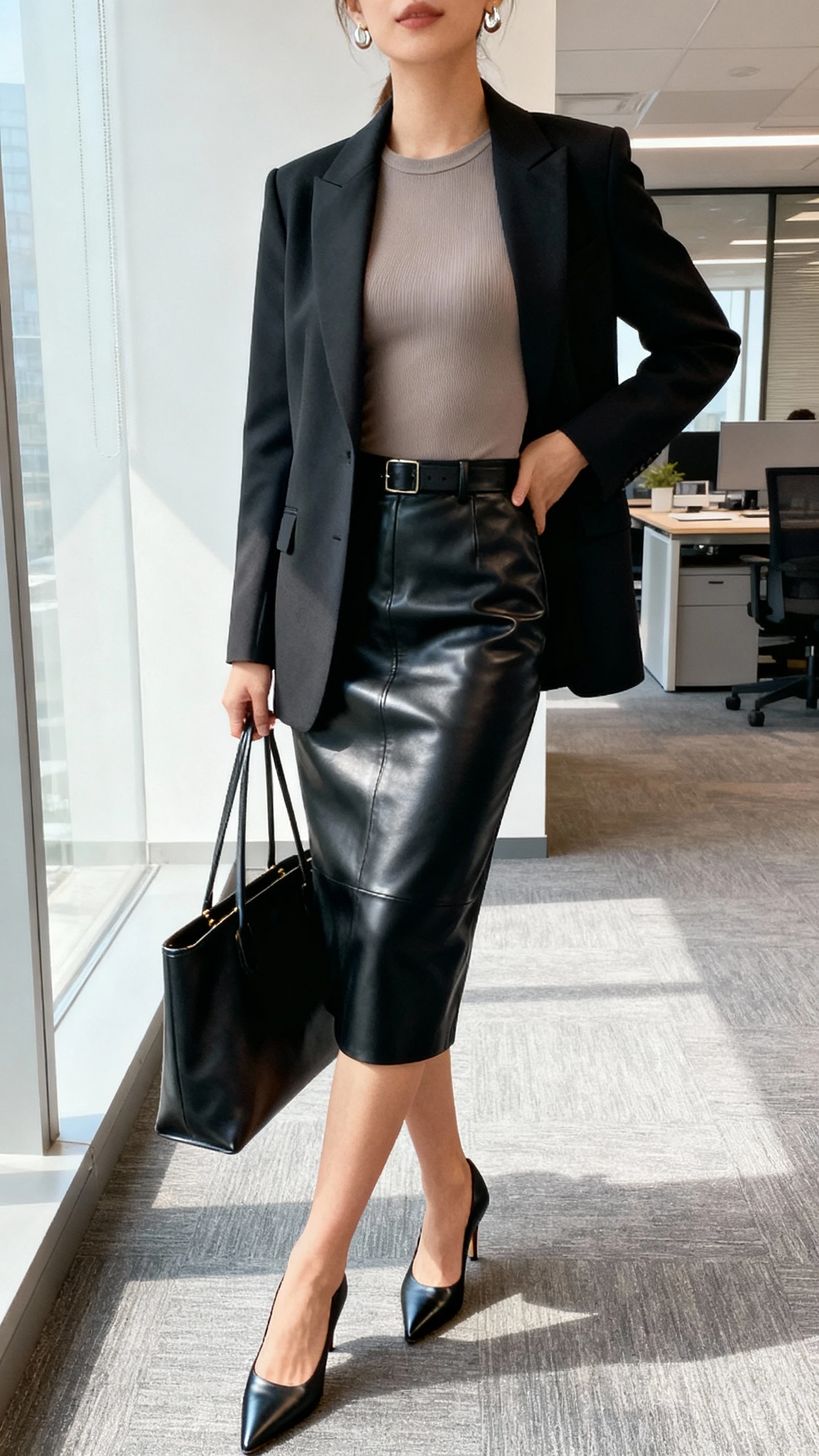 iPhone office mirror selfie of a woman wearing a tailored blazer over a sleek bodysuit tucked into a black leather pencil skirt, pointed pumps, structured tote, subtle earrings, face not visible, cropped at neck, bright office lighting, natural iPhone photo quality