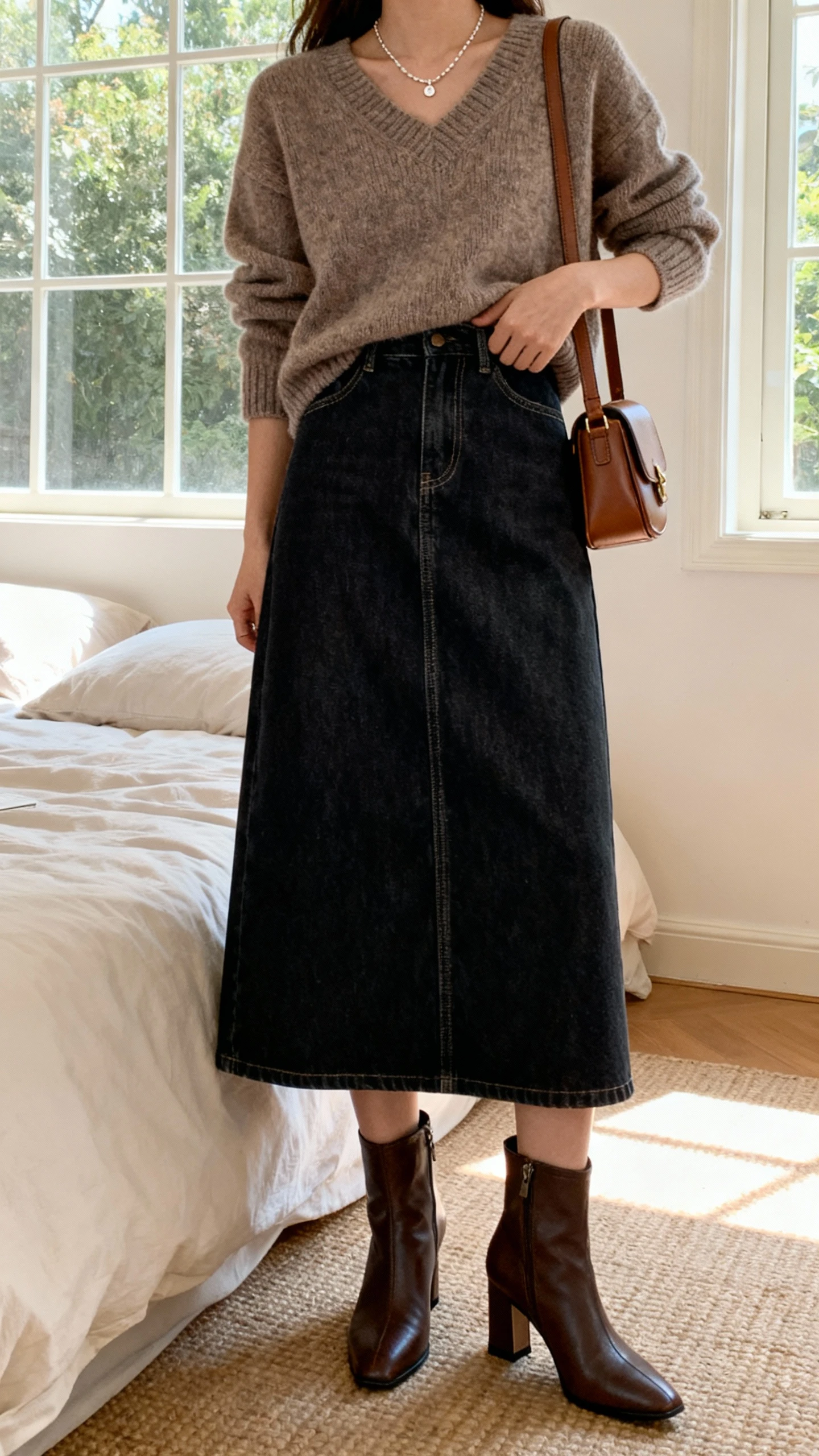 iPhone selfie cropped at shoulders showing a woman wearing a dark-wash denim midi skirt with a soft knit sweater tucked in, heeled ankle boots, delicate necklace, small leather shoulder bag; cozy bedroom by window, face not visible, natural daylight, iPhone photo quality.